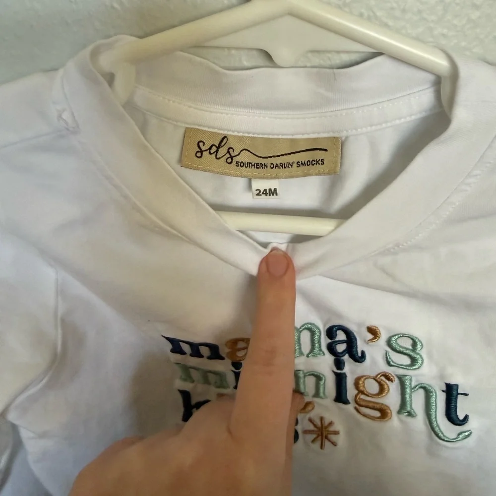 TBBC PANTS with White Shirt and  'mama's midnight kiss' Embroidery